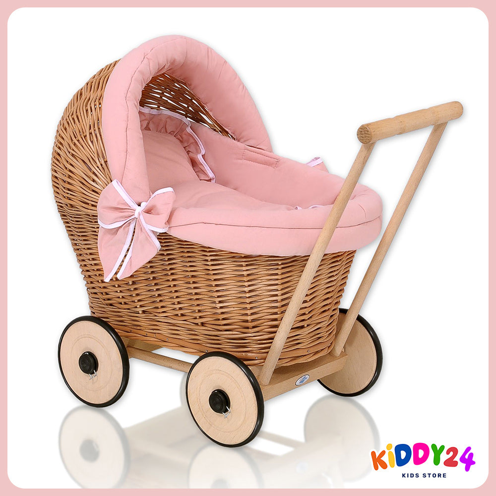 Handgefertigter Puppen-Kinderwagen in Natur – Inklusive Old Rosa Bettwäsche & Weicher Polsterung