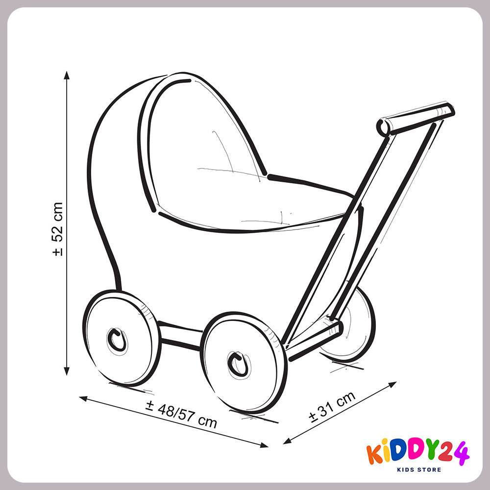 Handgefertigter Puppen-Kinderwagen aus Korb in Weiß – Inklusive Grauer Bettwäsche & Weicher Polsterung