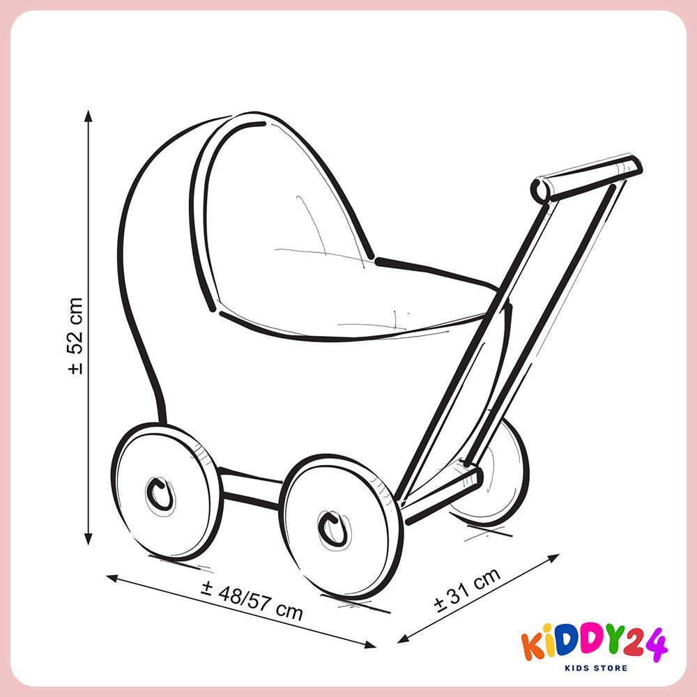 Handgefertigter Puppen-Kinderwagen in Natur – Inklusive Old Rosa Bettwäsche & Weicher Polsterung