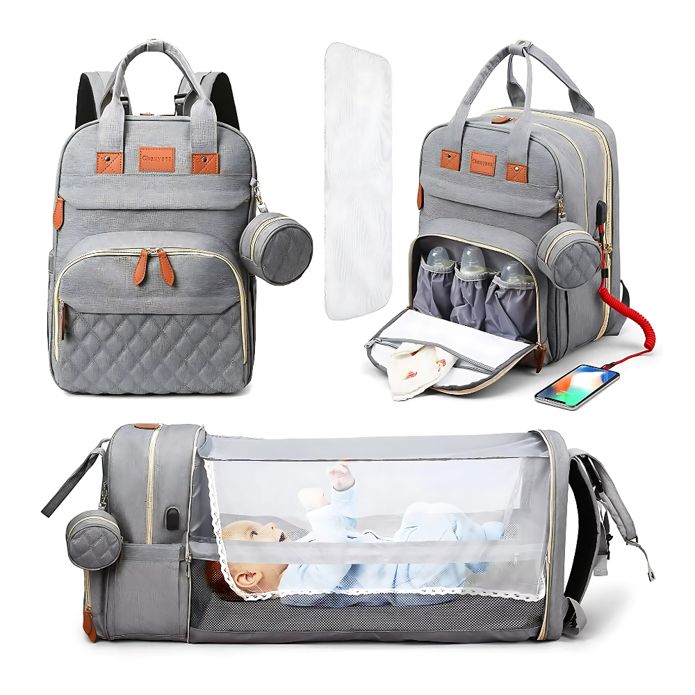 3-in-1 Wickelrucksack mit faltbarem Babybett – Perfekt für unterwegs