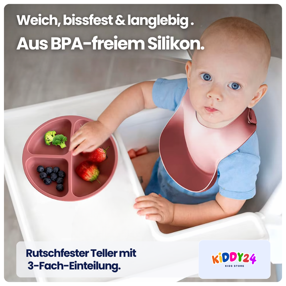 Silikon-Teller mit Saugnapf & 3-Fach-Einteilung – Für stressfreies Essenlernen