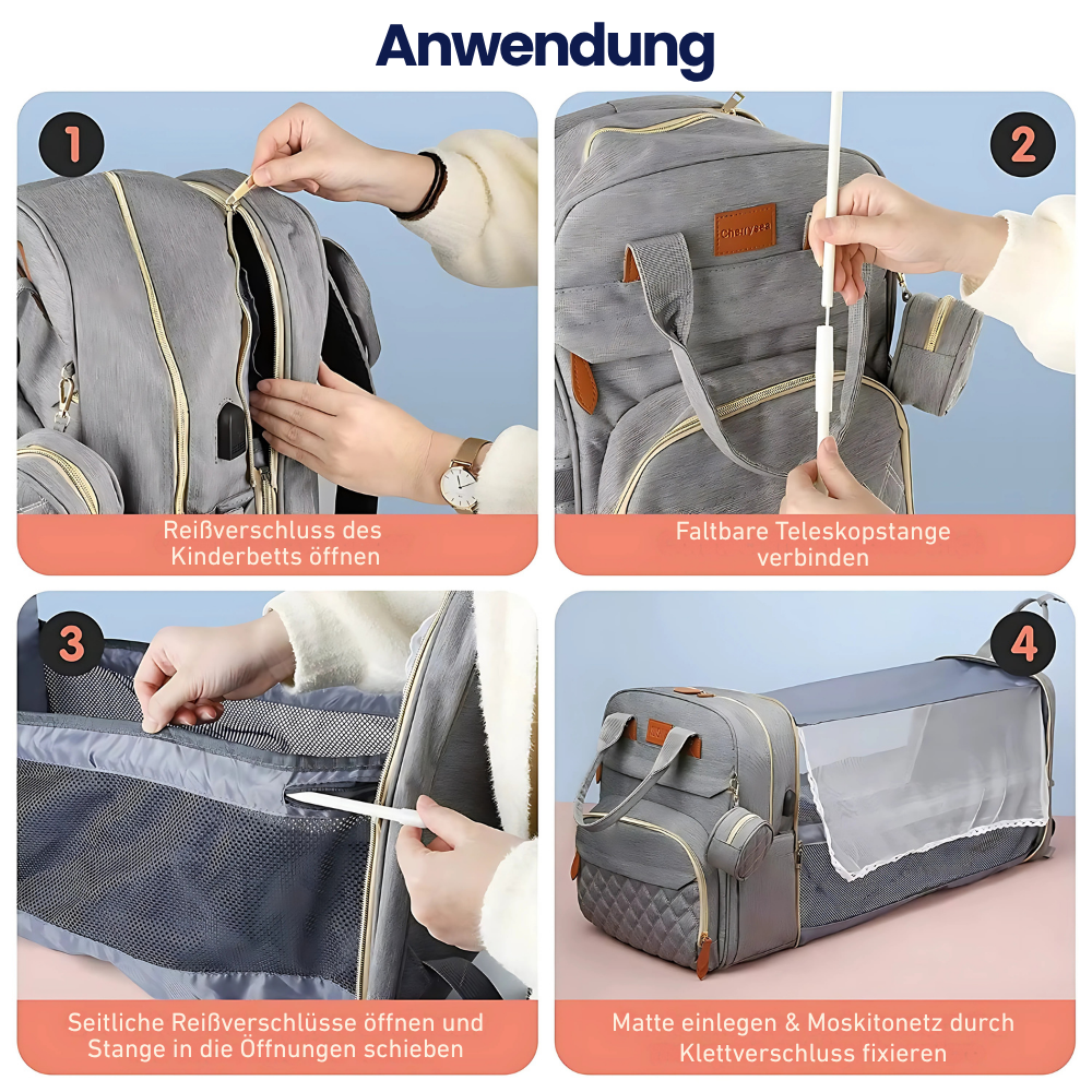 3-in-1 Wickelrucksack mit faltbarem Babybett – Perfekt für unterwegs