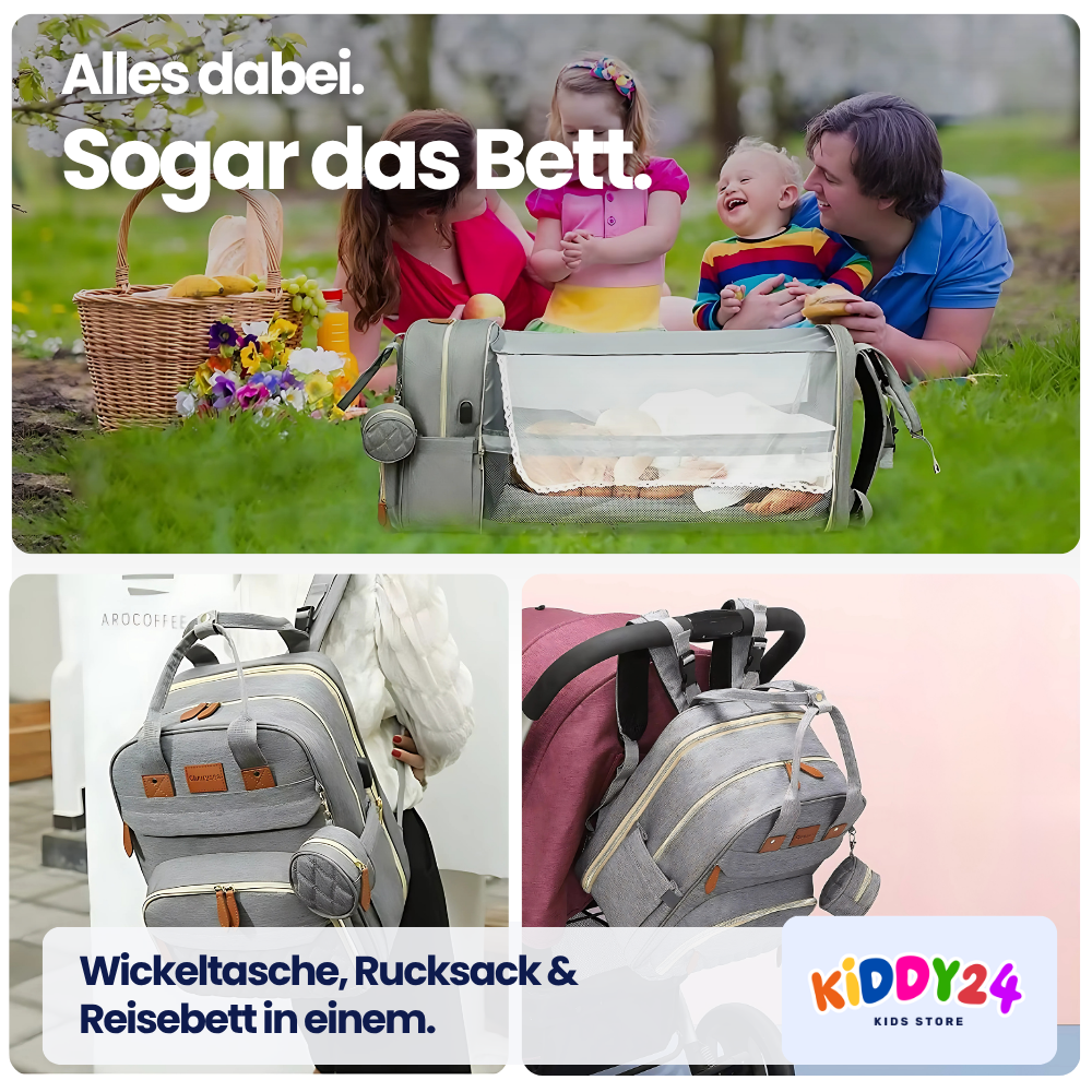 3-in-1 Wickelrucksack mit faltbarem Babybett – Perfekt für unterwegs
