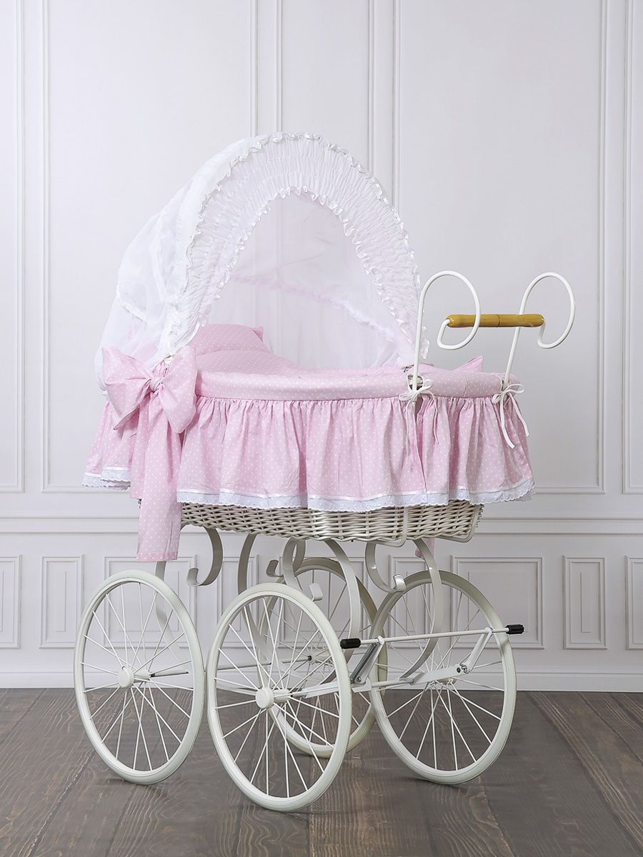 Nostalgiestubenwagen mit Haube, Weiß/Rosa – MADE IN EUROPE
