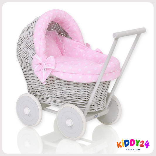 Handgefertigter Puppen-Kinderwagen aus Korb in Grau – Inklusive Rosa Bettwäsche & Weicher Polsterung