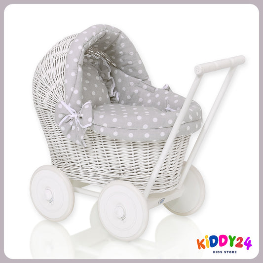 Handgefertigter Puppen-Kinderwagen aus Korb in Weiß – Inklusive Grauer Bettwäsche & Weicher Polsterung