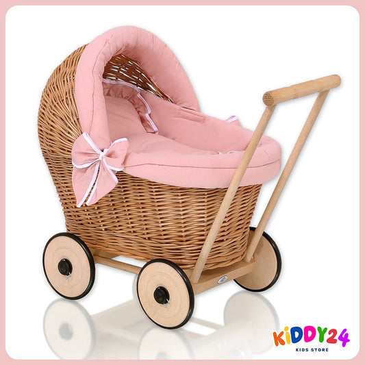 Handgefertigter Puppen-Kinderwagen in Natur – Inklusive Old Rosa Bettwäsche & Weicher Polsterung