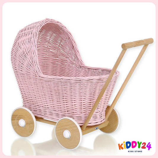 Korbkinderwagen für Puppen in Rosa – Liebevoll Handgefertigt & Elegant
