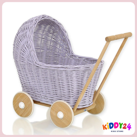 Korbkinderwagen für Puppen in Lila – Liebevoll Handgefertigt & Elegant