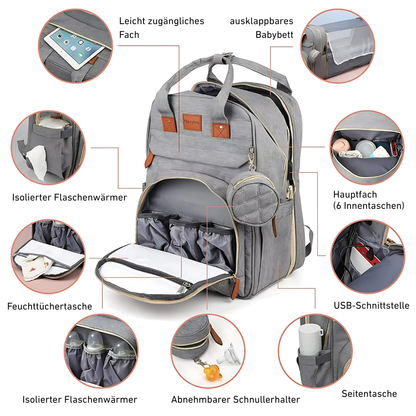 3-in-1 Wickelrucksack mit faltbarem Babybett – Perfekt für unterwegs